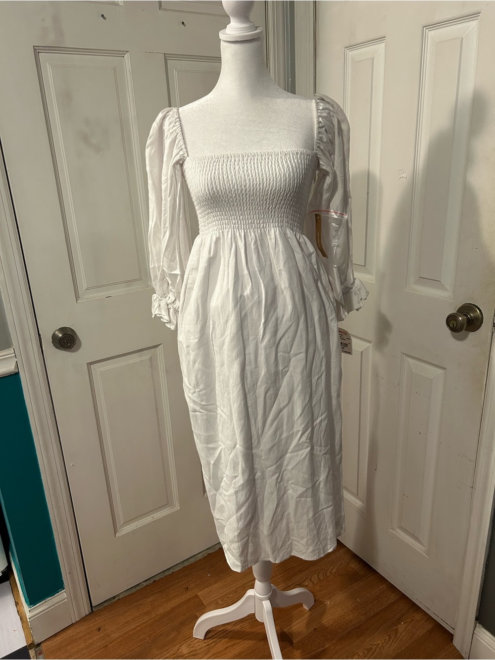 NWT Smocked Square-Neck White Midi Dress with Puff Sleeves